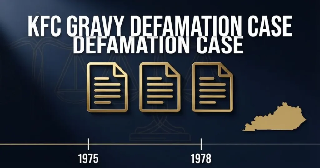 Supporting graphic for KFC gravy defamation case timeline with court document icons and Kentucky map.