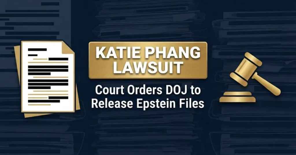 Supporting graphic for Katie Phang lawsuit showing redacted document and gavel with court order text for 2026 Epstein files case