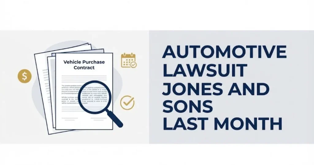 Supporting graphic for automotive lawsuit jones and sons last month showing legal documents and settlement icons on white background