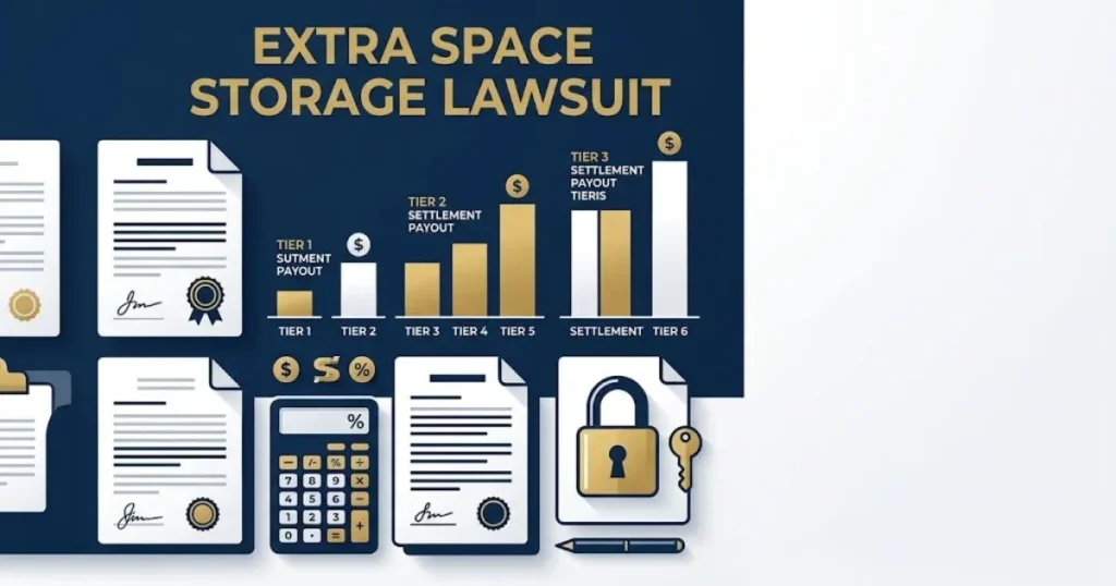 Supporting graphic for extra space storage lawsuit showing settlement documents and payout chart elements