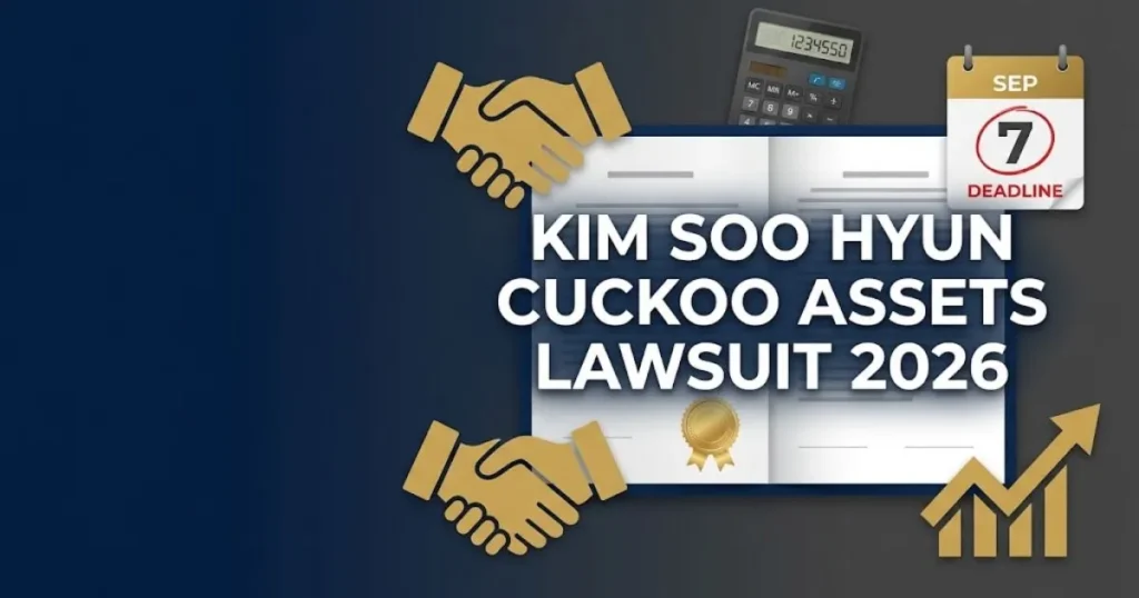 Supporting graphic for kim soo hyun cuckoo assets lawsuit 2026 showing settlement documents and deadline icons on navy background