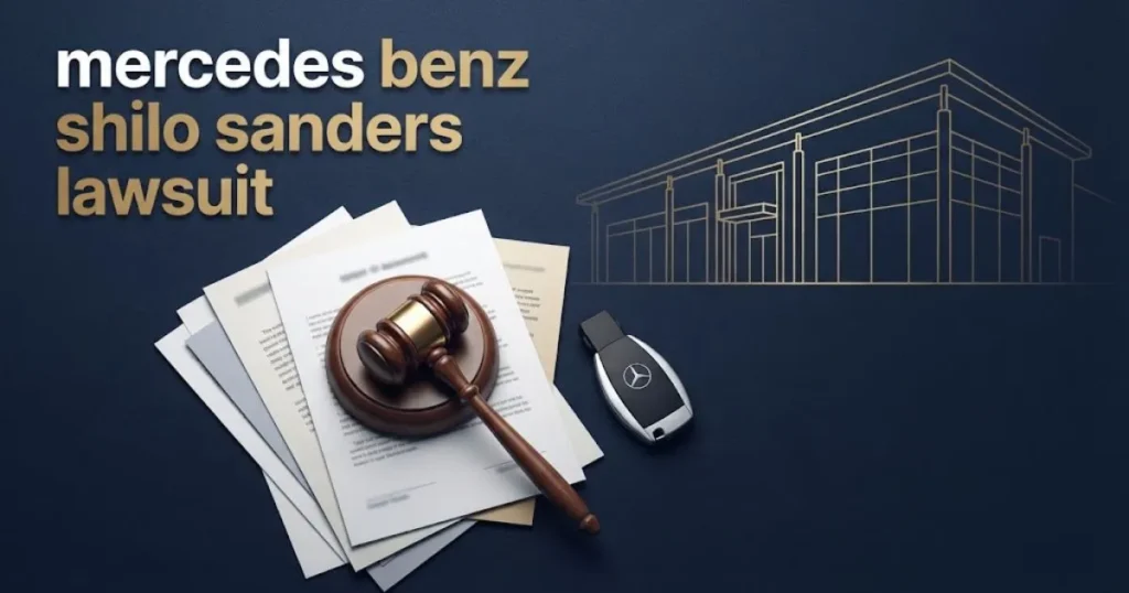 Supporting graphic showing mercedes benz shilo sanders lawsuit text over legal documents, gavel, and car key on navy background.