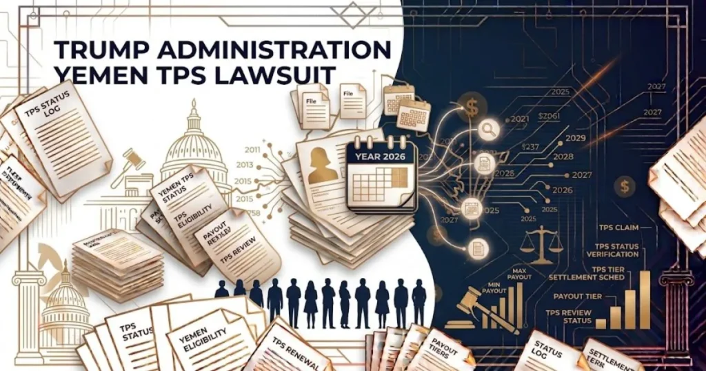 Supporting graphic showing trump administration yemen tps lawsuit title with stylized immigration documents and 2026 calendar in navy and gold