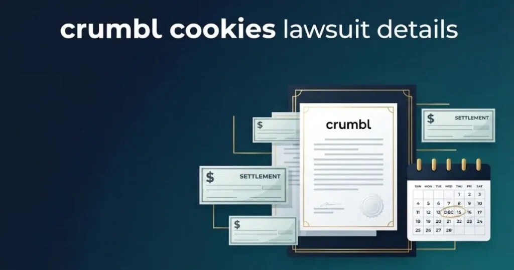Supporting graphic with crumbl cookies lawsuit details title showing settlement documents and deadline calendar icons