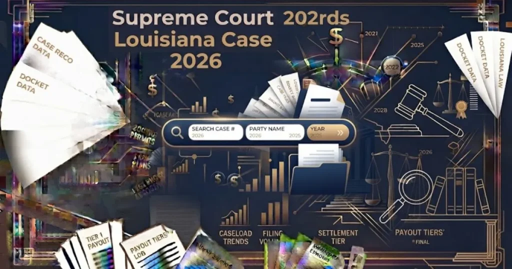 Supreme Court Louisiana Case records and digital search visual with legal documents in navy and gold