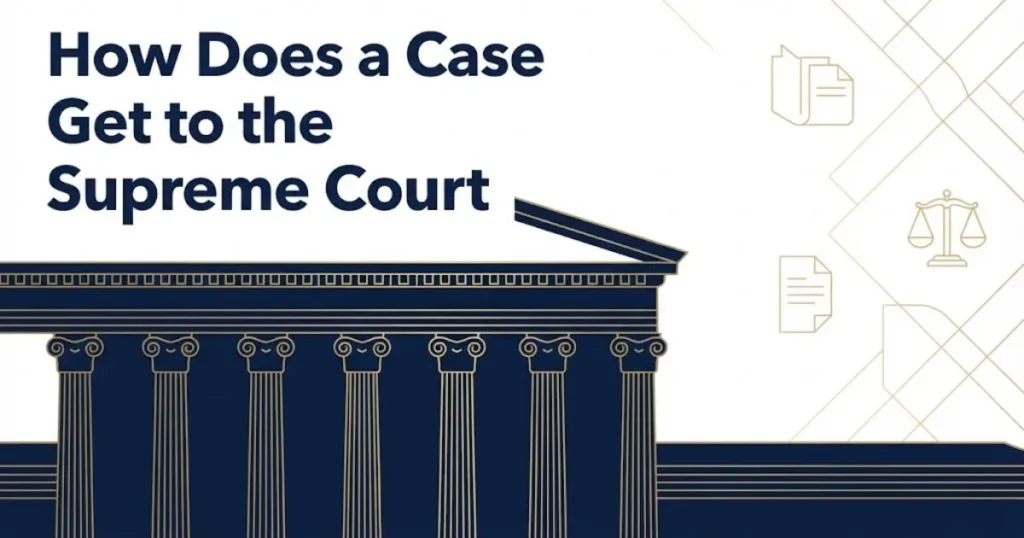 Supreme Court building silhouette with bold text reading how does a case get to the supreme court in navy and gold editorial style