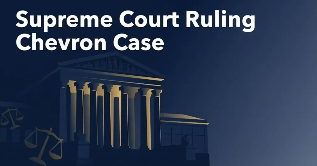 Supreme Court ruling chevron case banner with stylized courthouse silhouette and scales of justice in navy and gold