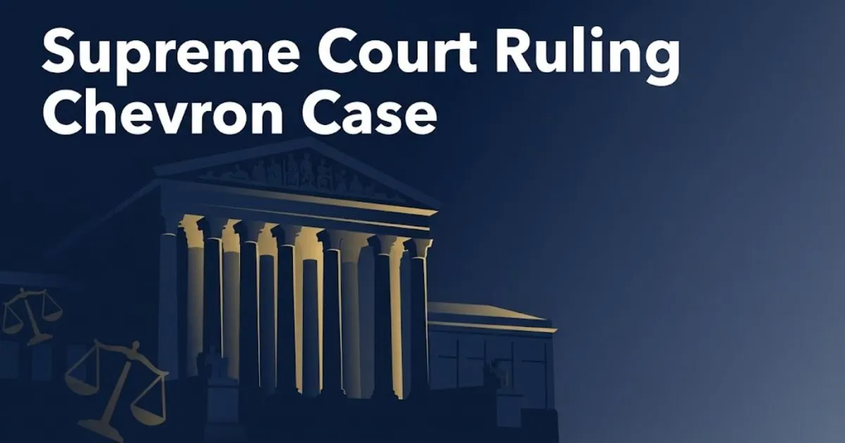 Supreme Court ruling chevron case banner with stylized courthouse silhouette and scales of justice in navy and gold