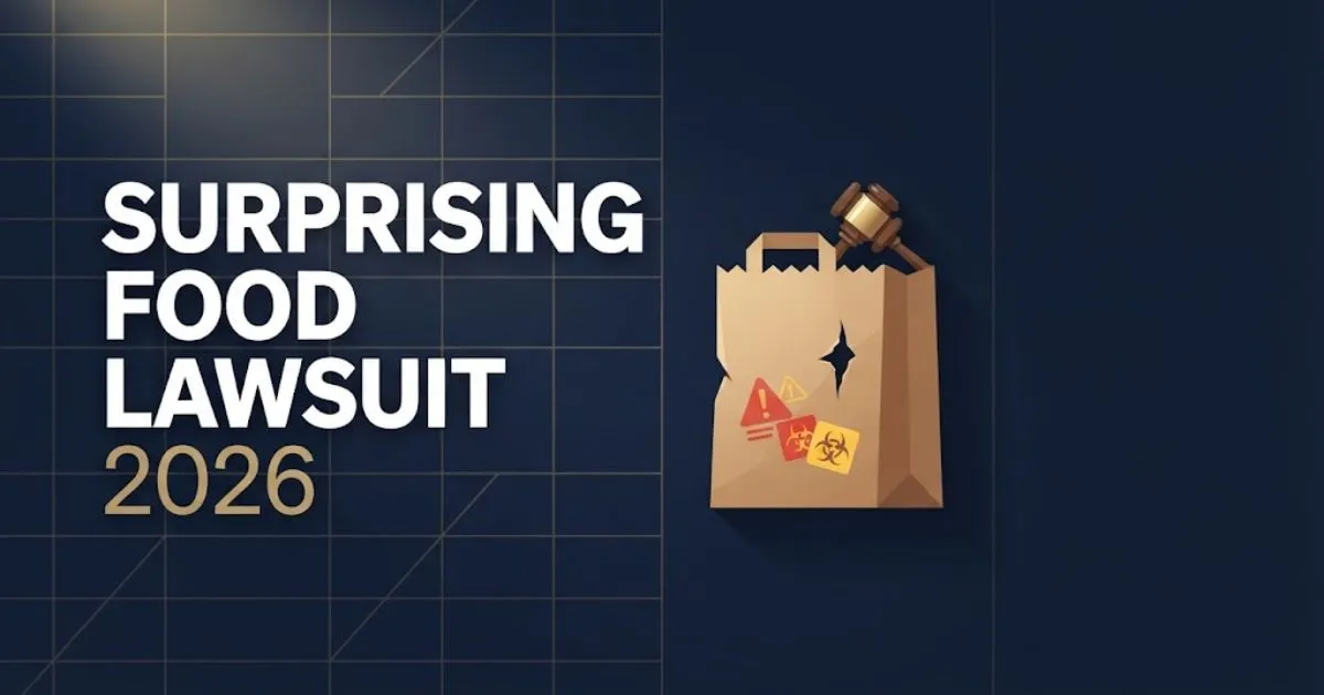 Surprising food lawsuit 2026 hero banner with grocery bag and gavel icons on navy background