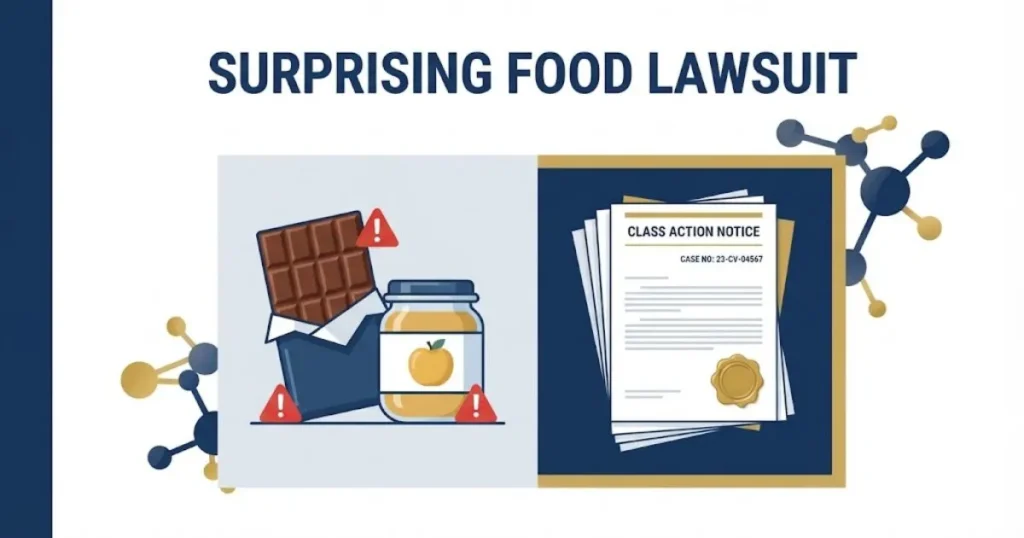 Surprising food lawsuit illustration showing contaminated products and legal documents on white background