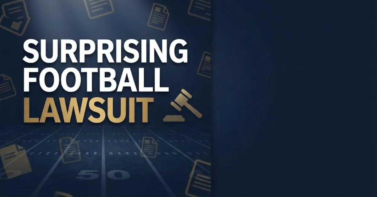 Surprising football lawsuit hero banner with legal gavel icon and football field pattern on navy background