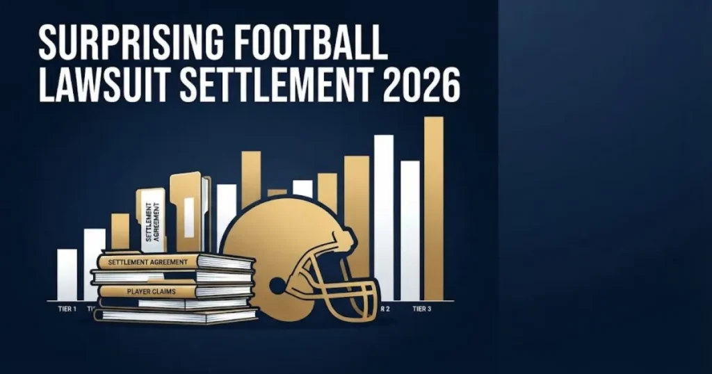 Surprising football lawsuit settlement 2026 graphic with helmet silhouette and payout chart on navy background