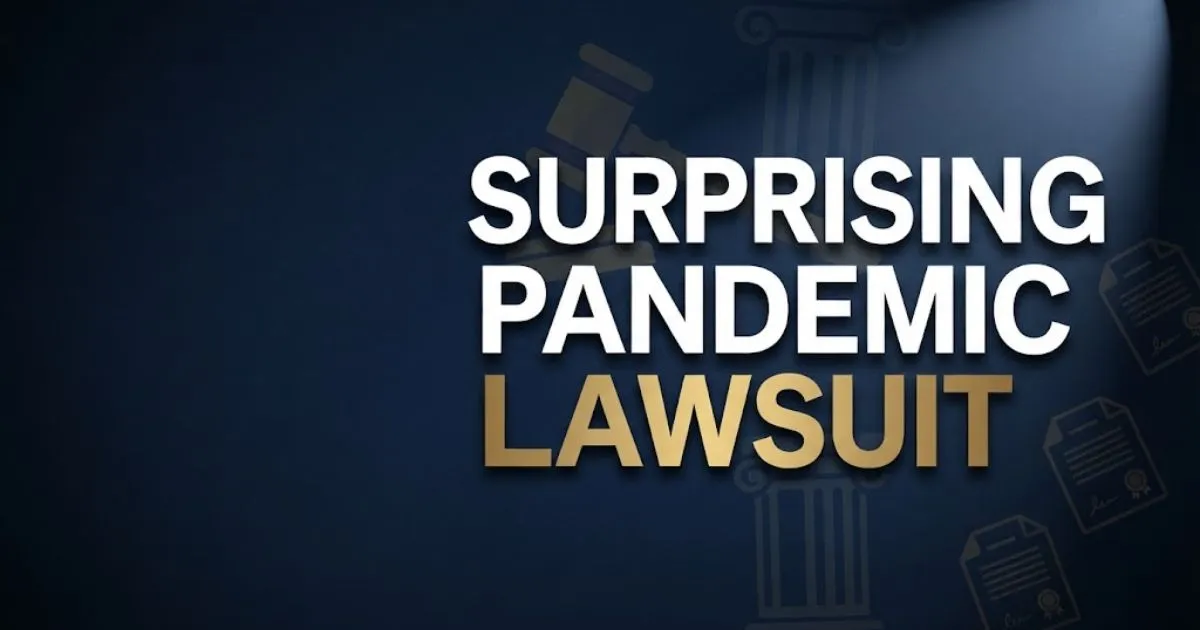 Surprising pandemic lawsuit hero banner with gavel silhouette and gold text on navy background