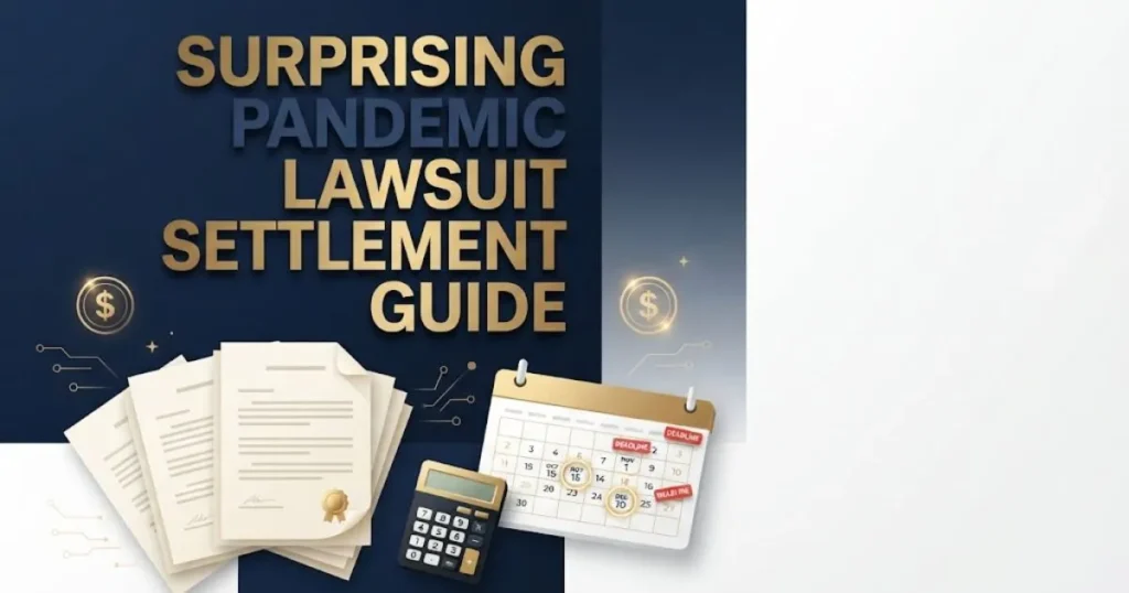 Surprising pandemic lawsuit settlement guide graphic with legal documents and deadline calendar icons