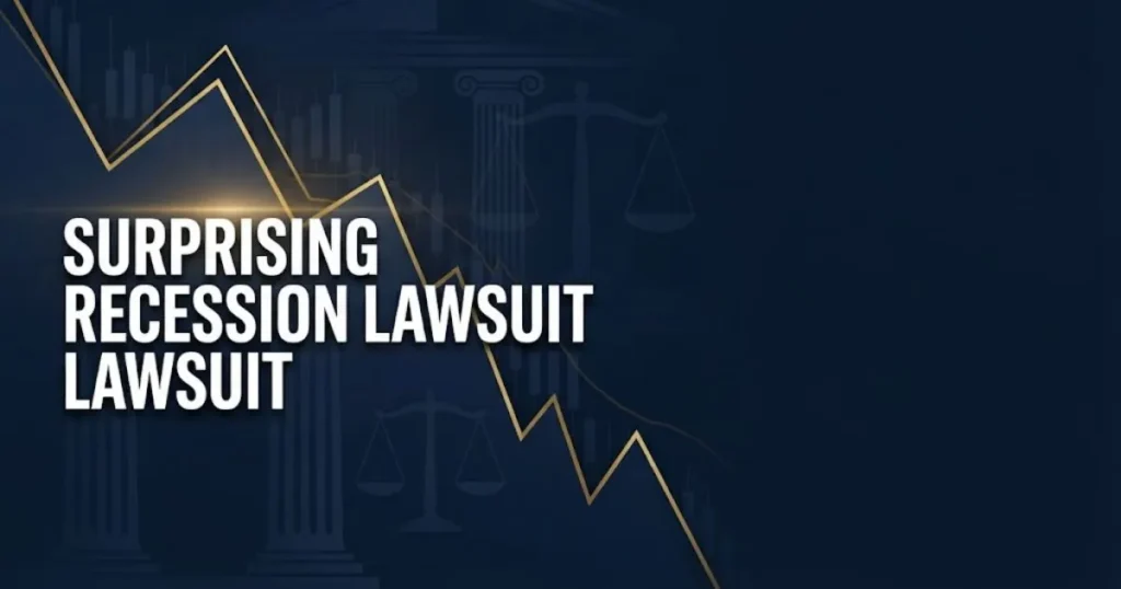 Surprising recession lawsuit hero banner with declining chart graphics and courthouse silhouettes in navy and gold