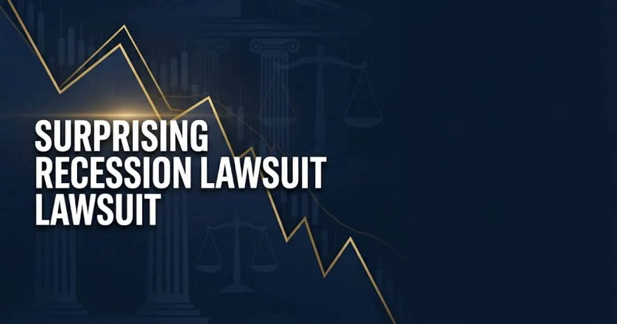 Surprising recession lawsuit hero banner with declining chart graphics and courthouse silhouettes in navy and gold