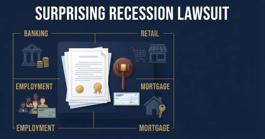 Surprising recession lawsuit supporting graphic showing legal documents and settlement icons in navy and gold