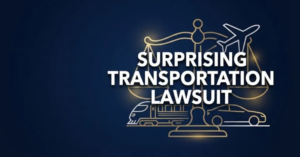 Surprising transportation lawsuit hero banner with legal scales and transit icons on navy background