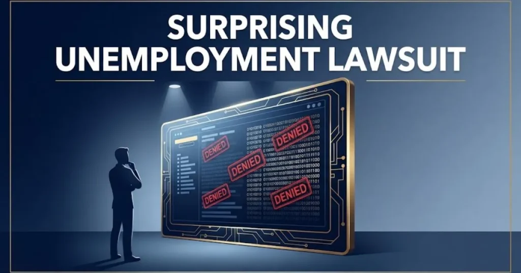 Surprising unemployment lawsuit banner showing a worker silhouette facing a digital denial screen in navy and gold tones