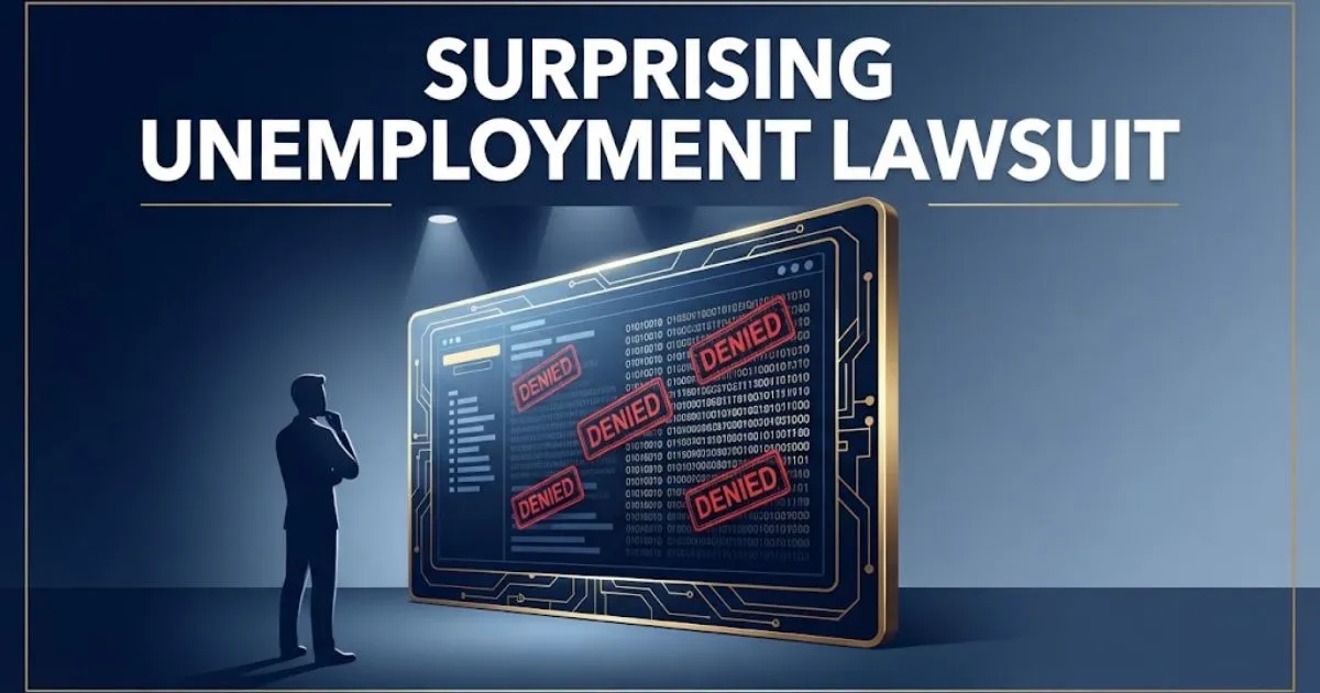 Surprising unemployment lawsuit banner showing a worker silhouette facing a digital denial screen in navy and gold tones