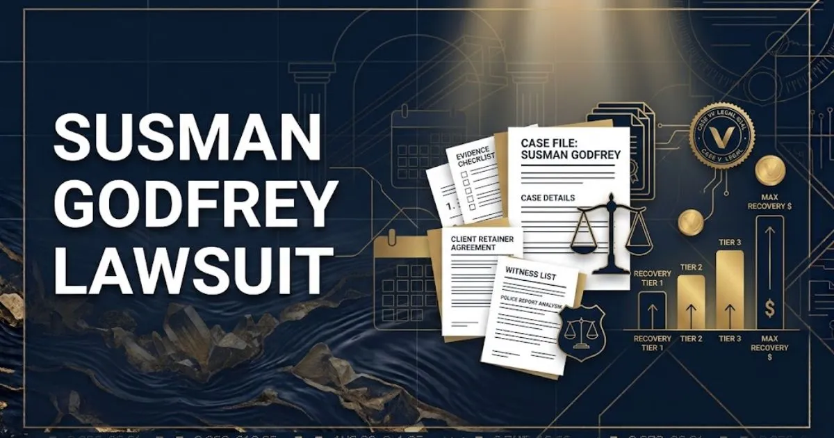 Susman Godfrey Lawsuit hero banner with golden scales of justice on deep navy background