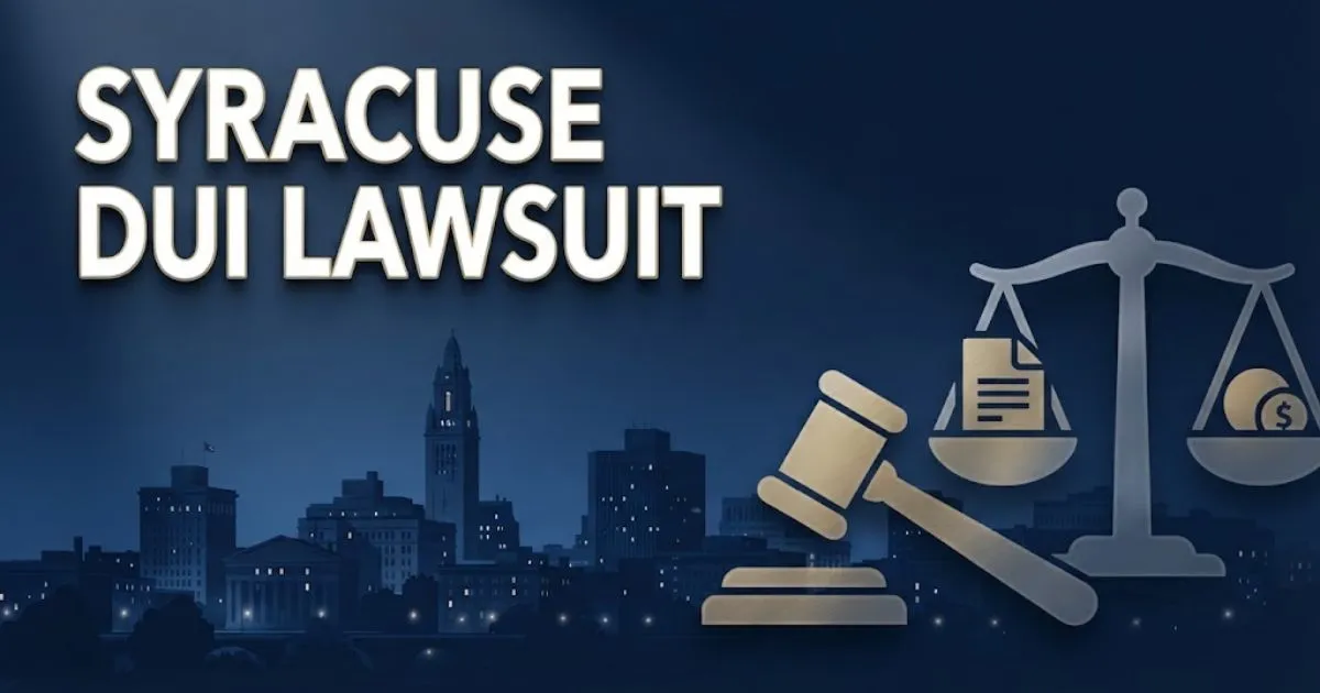 Syracuse DUI lawsuit hero banner with navy cityscape silhouette and gold legal symbols