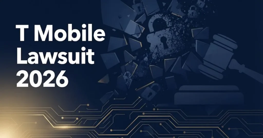 T Mobile Lawsuit 2026 hero banner with abstract data breach visuals and gold legal accents on navy background