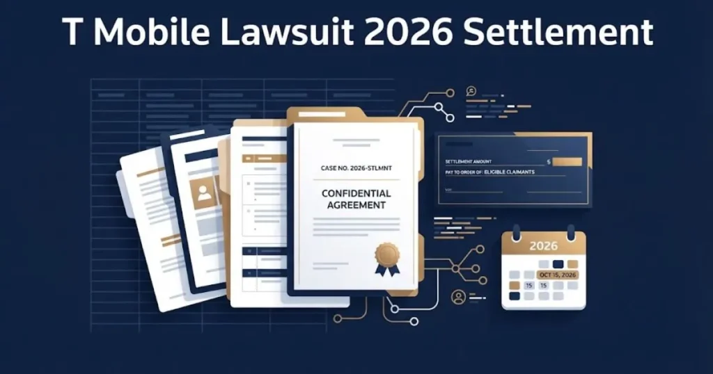 T Mobile Lawsuit 2026 settlement graphic showing legal documents, check silhouette, and calendar on navy background