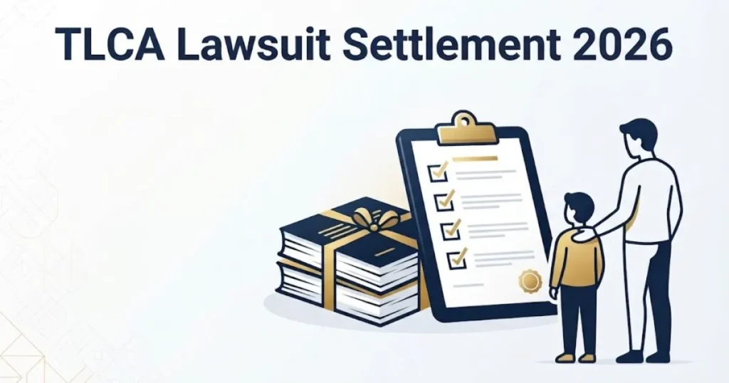 TLCA Lawsuit Settlement 2026 graphic showing legal documents and parent silhouette in navy and gold tones