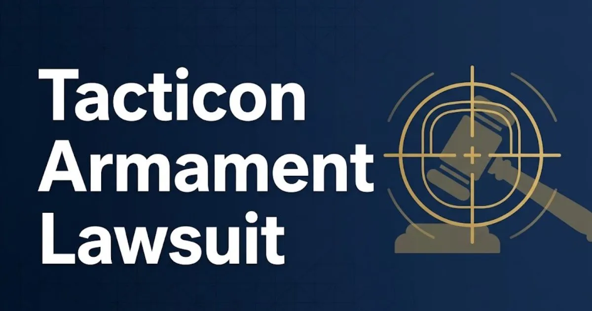 Tacticon Armament Lawsuit hero banner with crosshair icon and gavel silhouette on navy background