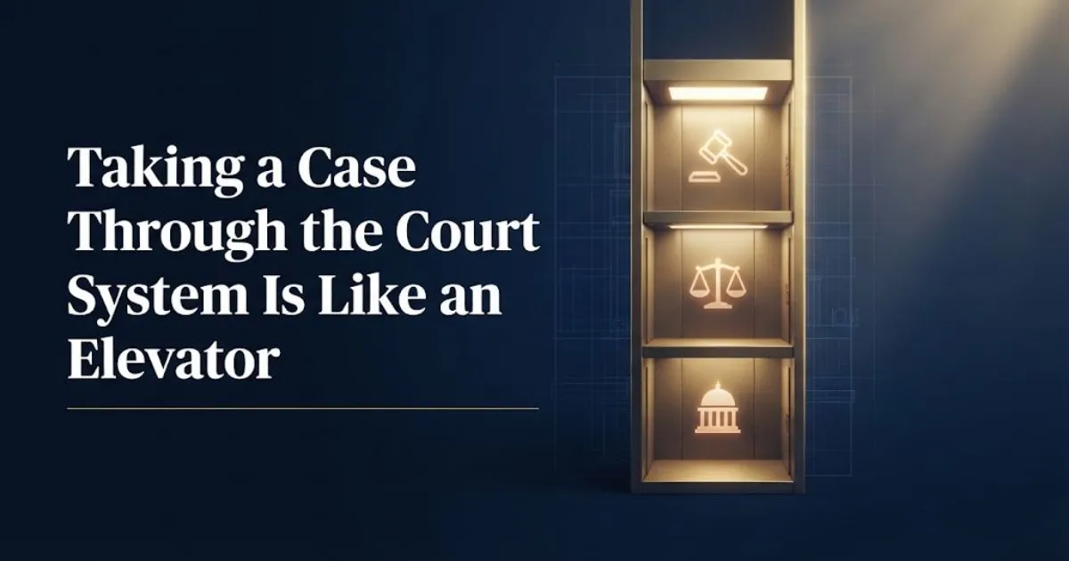 Taking a case through the court system is like an elevator navy and gold courthouse banner graphic