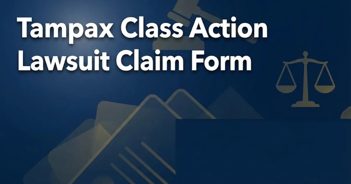 Tampax class action lawsuit claim form banner with legal symbols on navy background