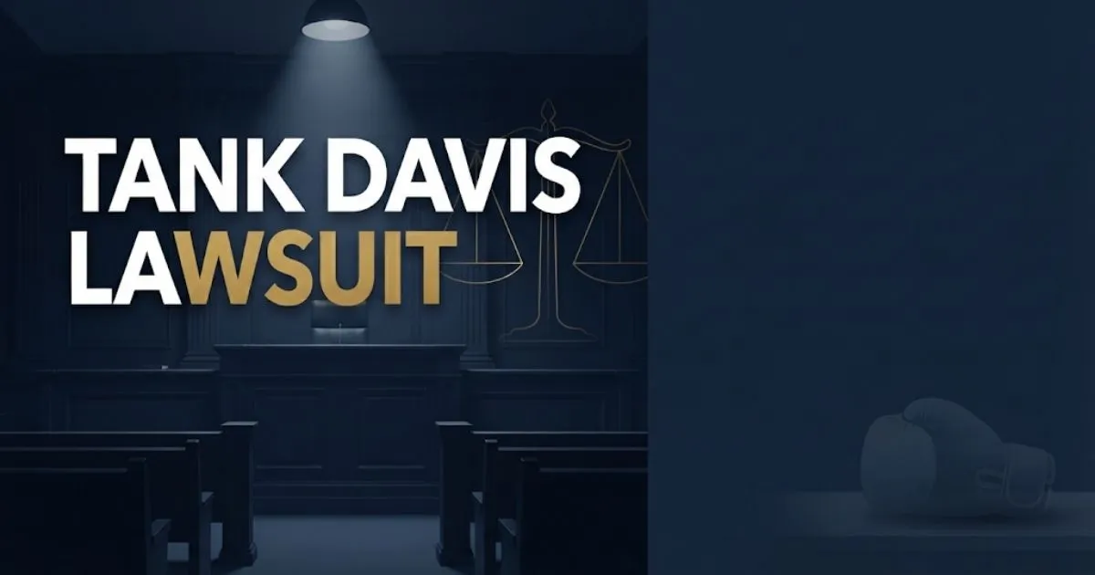 Tank Davis lawsuit hero banner with courtroom scales of justice and boxing glove silhouette in navy and gold