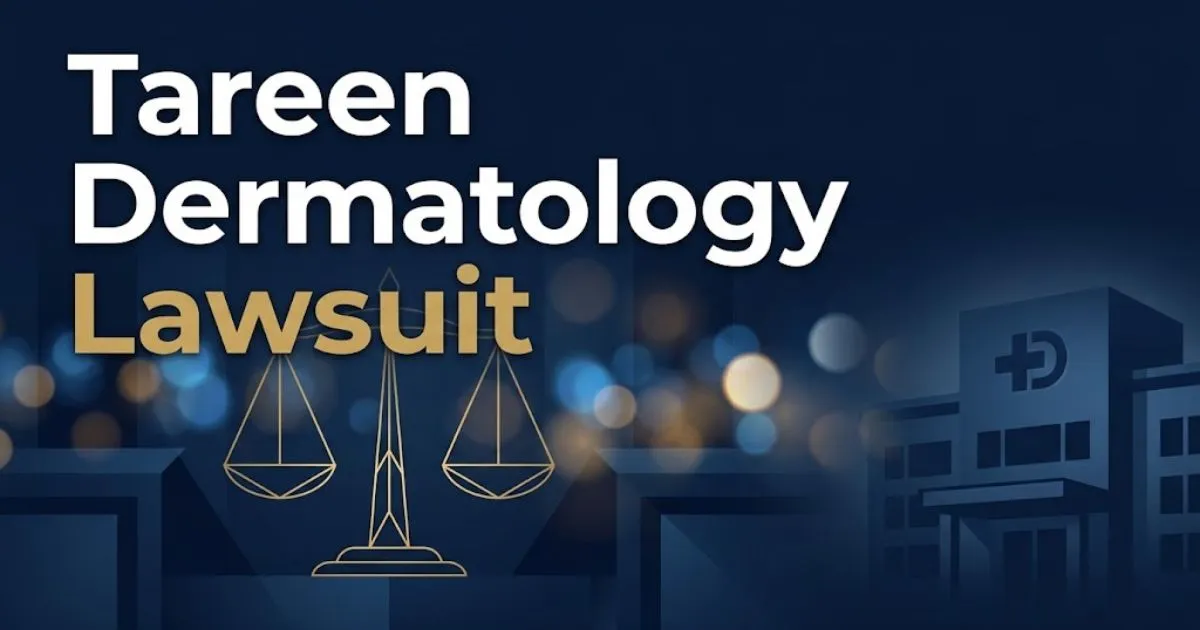 Tareen Dermatology Lawsuit hero banner with navy courtroom background and gold scales of justice