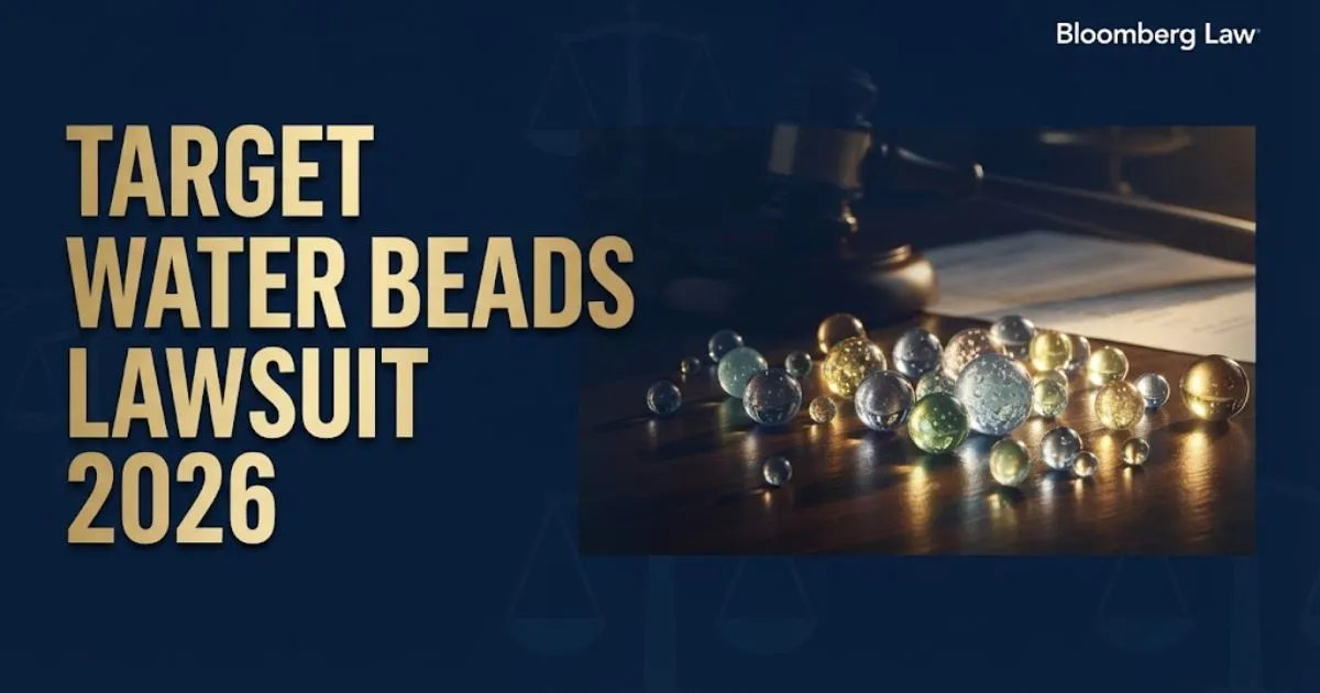 Target water beads lawsuit 2026 hero banner with gold headline text and gavel silhouette on navy background.