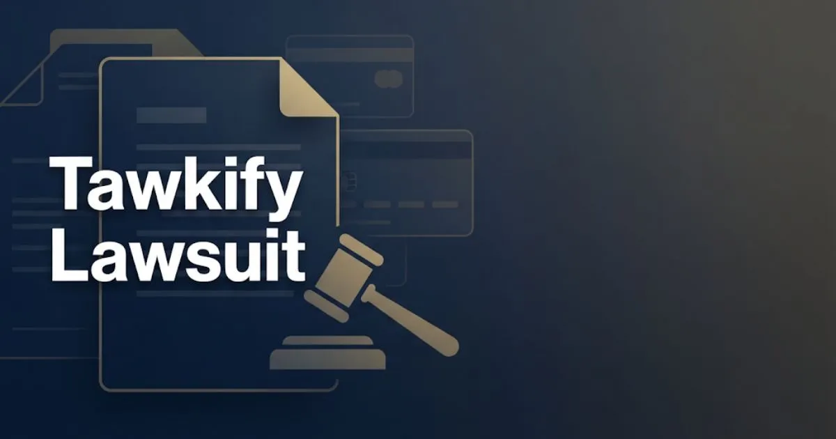Tawkify lawsuit hero banner with legal document icons and gavel silhouette on dark navy background
