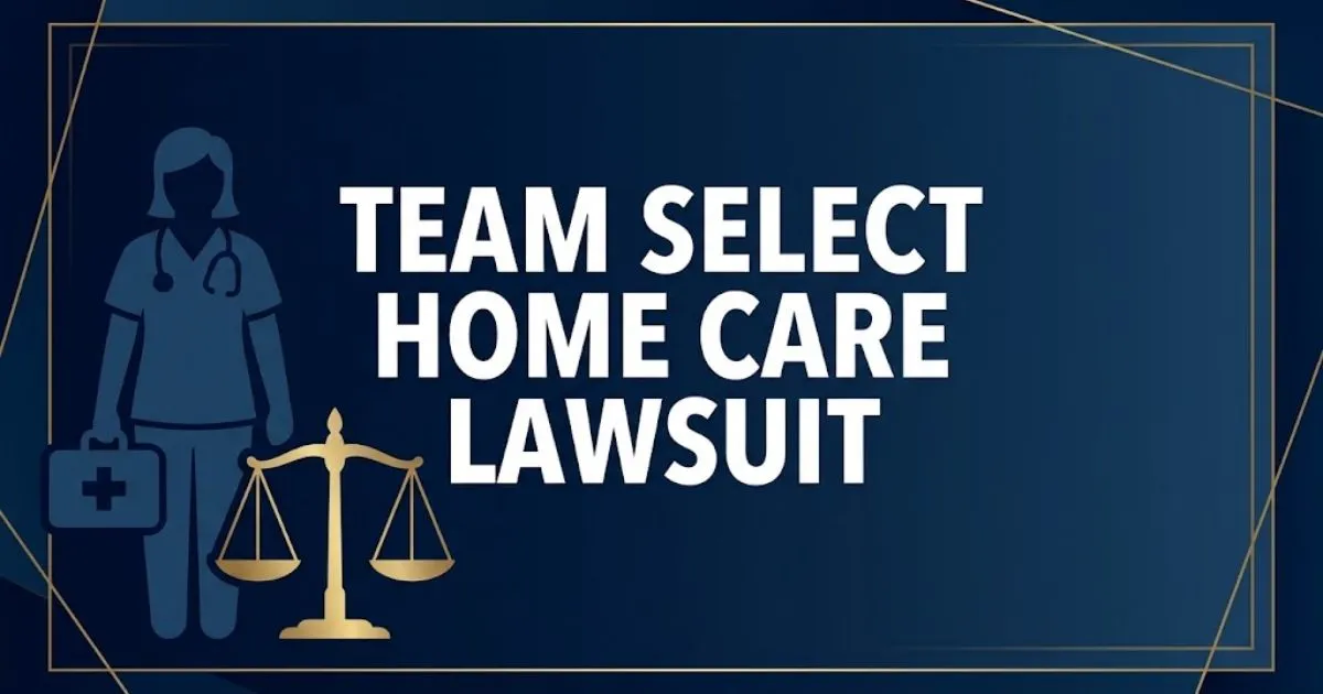 Team Select Home Care Lawsuit banner with caregiver silhouette and scales of justice on navy background
