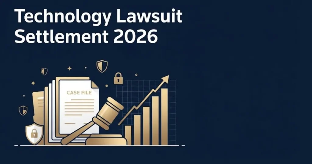 Technology lawsuit settlement 2026 graphic with document icons, gavel silhouette, and data privacy shield symbols