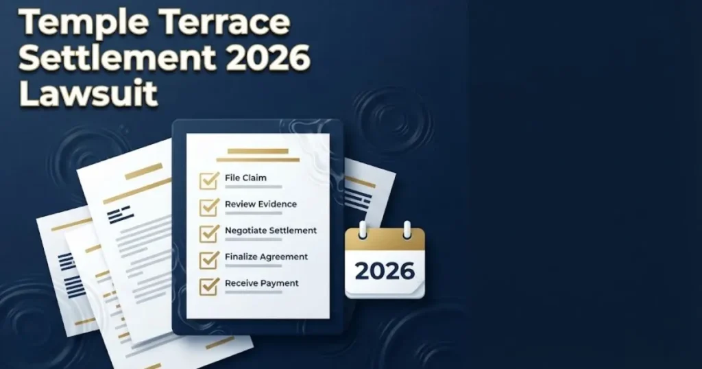 Temple Terrace settlement 2026 lawsuit graphic with legal documents checklist and calendar on navy background