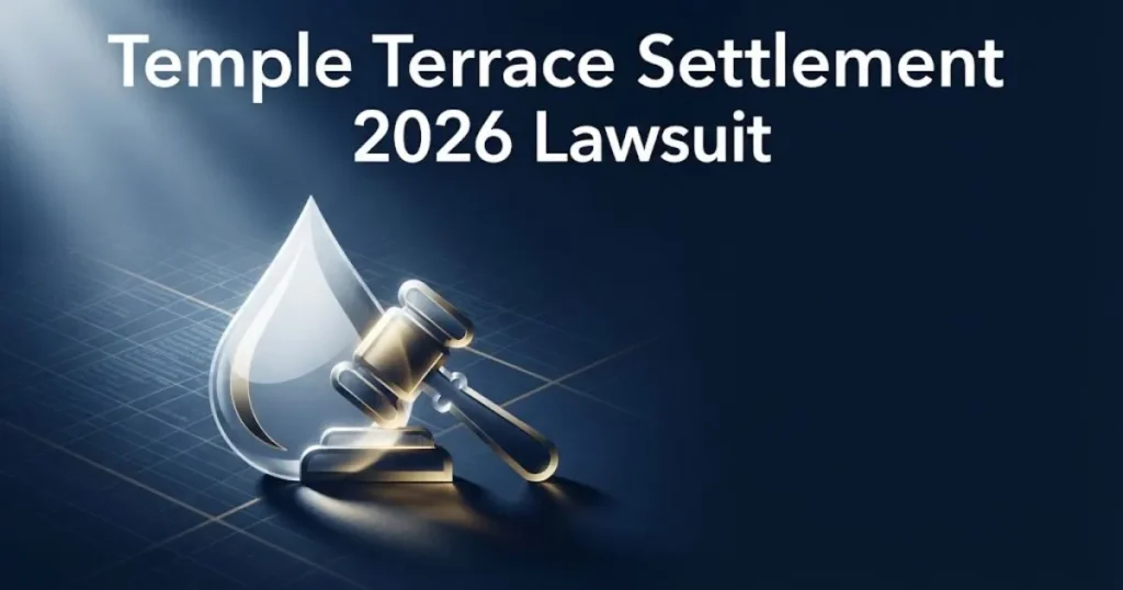 Temple Terrace settlement 2026 lawsuit hero banner with water droplet and gavel icon on navy background