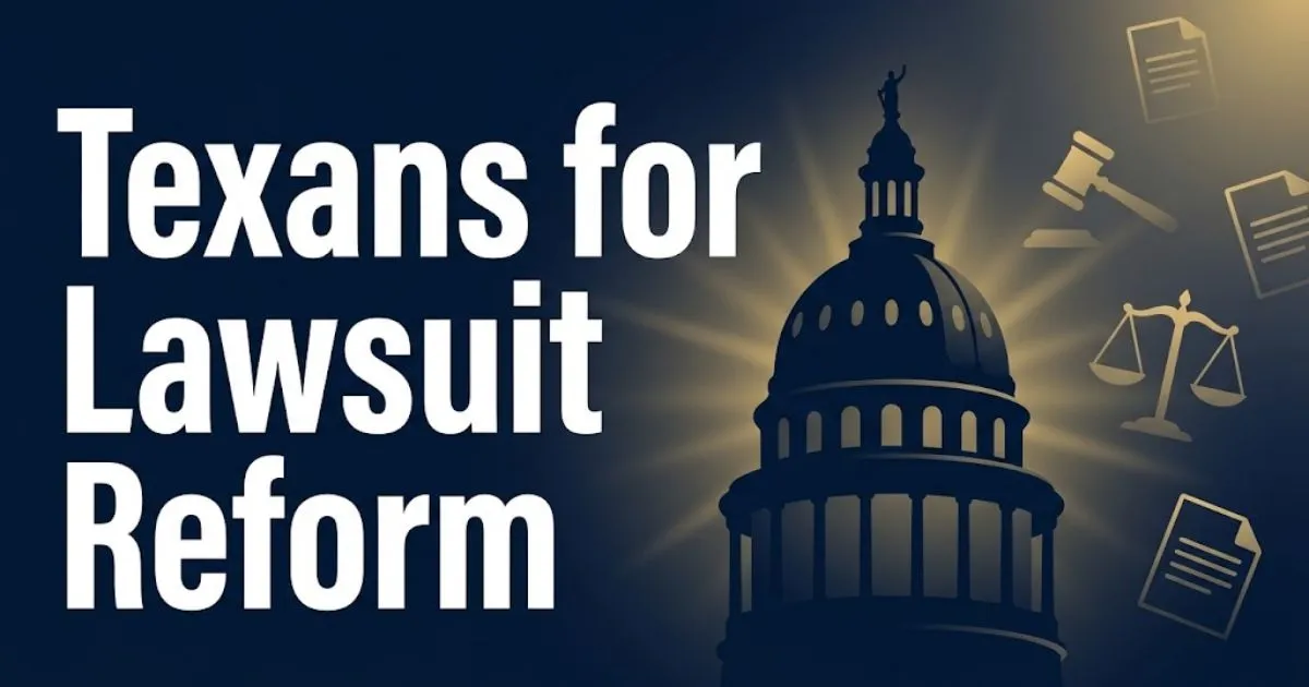 Texans for Lawsuit Reform hero banner with Texas capitol silhouette and legal icons in navy and gold