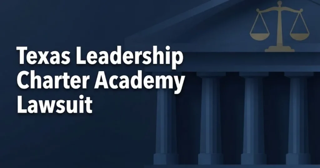 Texas Leadership Charter Academy Lawsuit hero banner with courthouse graphics and legal scales in navy and gold