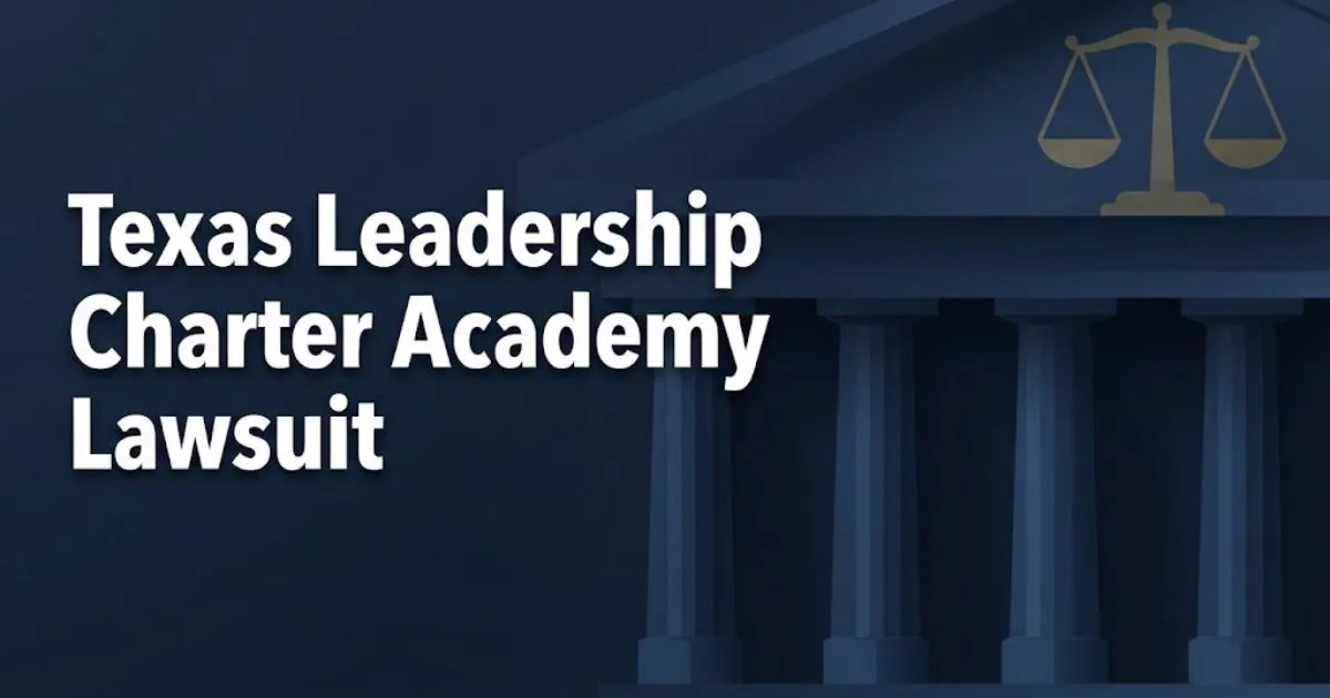 Texas Leadership Charter Academy Lawsuit hero banner with courthouse graphics and legal scales in navy and gold