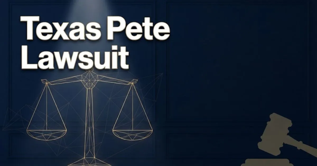 Texas Pete Lawsuit hero banner with gold scales of justice on dark navy background