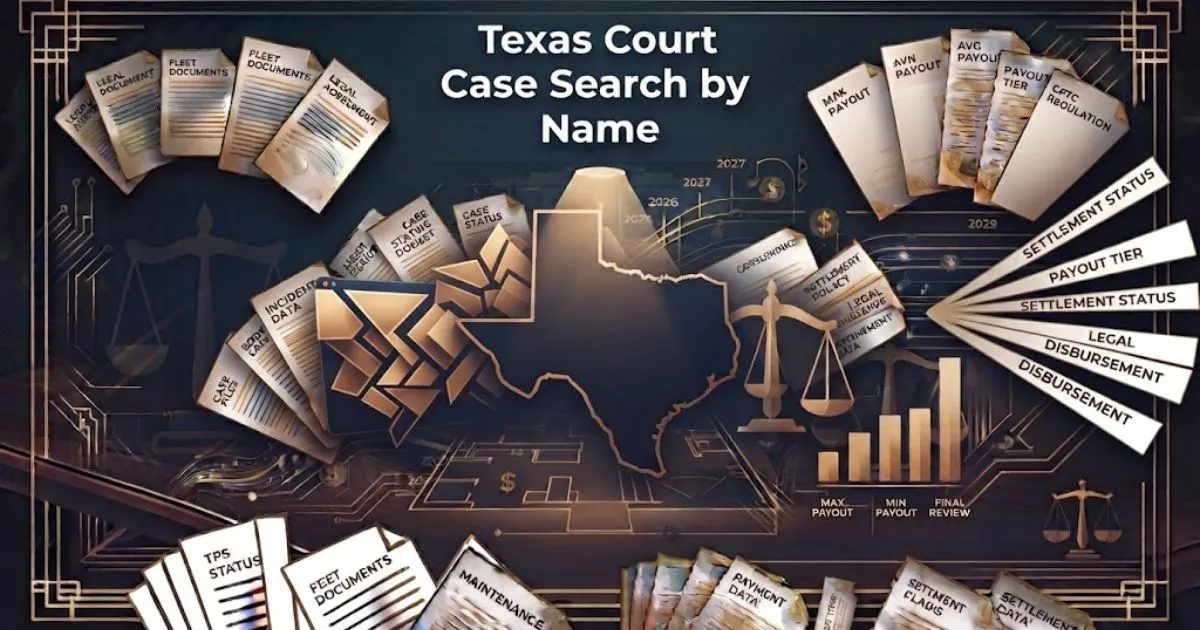 Texas court case search by name hero banner with legal documents and Texas map silhouette in navy and gold