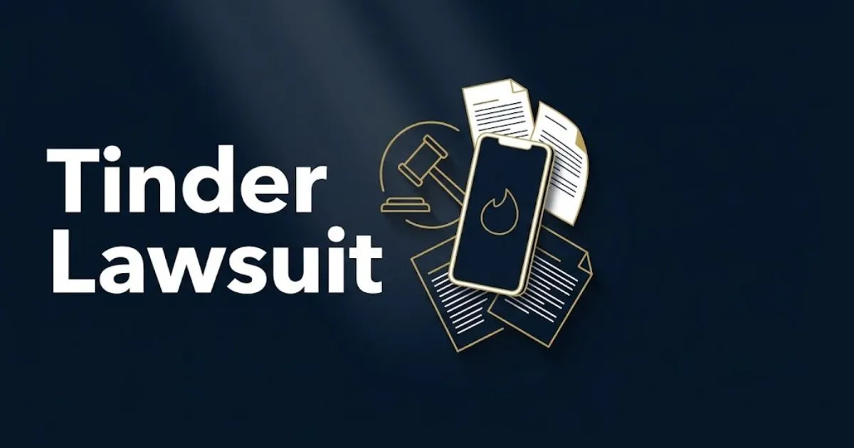 Tinder lawsuit hero banner with gavel and smartphone icons on navy background