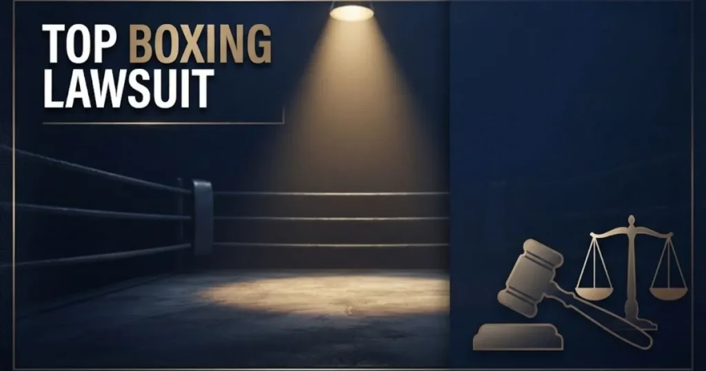 Top boxing lawsuit hero banner with navy boxing ring background, gold legal symbols, and bold white headline text
