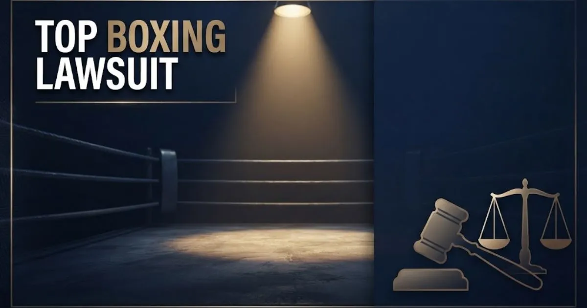 Top boxing lawsuit hero banner with navy boxing ring background, gold legal symbols, and bold white headline text