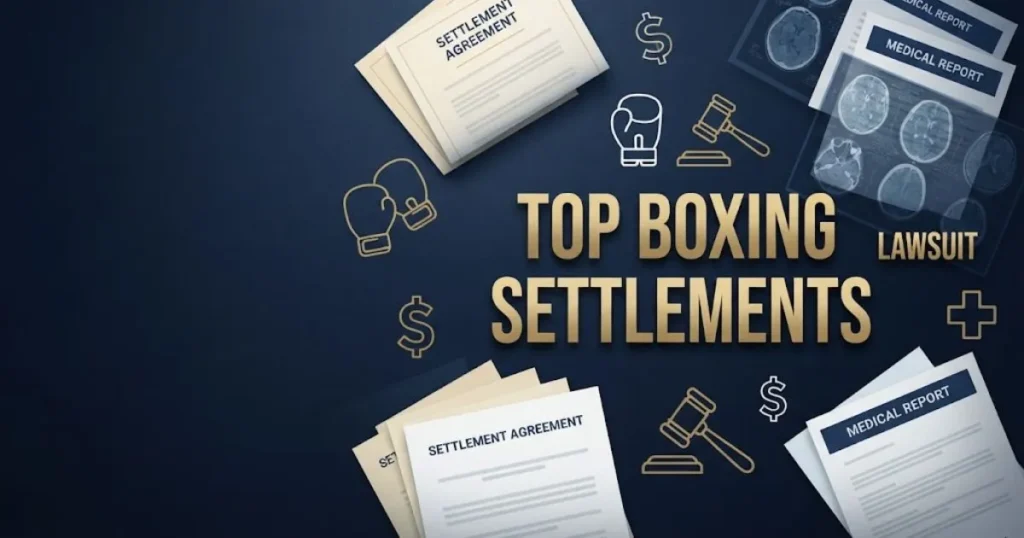 Top boxing lawsuit settlements graphic with legal documents, brain scan icons, and gold typography on navy background