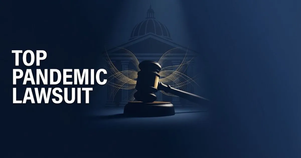 Top pandemic lawsuit hero banner with gavel silhouette on navy background and gold accents